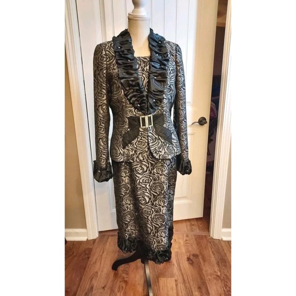 ASHRO 2 PC black silver dress jacket rhinestone ruffles size 8 wedding funeral